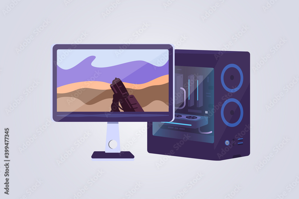 Vecteur Stock Desktop computer and display vector icons. Game computers  lets play video games concept. Gaming PC illustration. | Adobe Stock