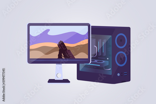 Desktop computer and display vector icons. Game computers lets play video games concept. Gaming PC illustration.