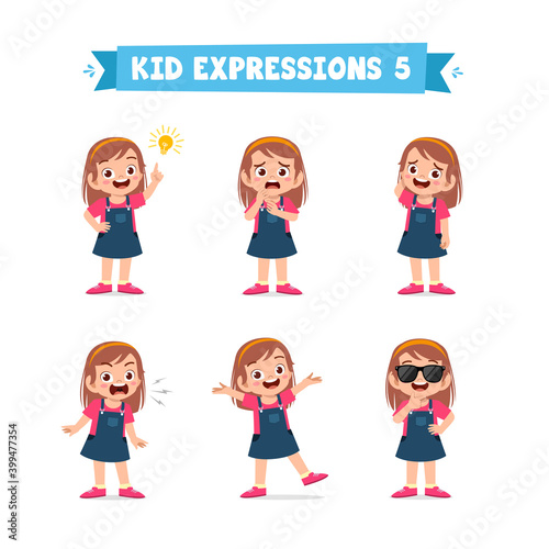 cute little kid girl in various expressions and gesture set