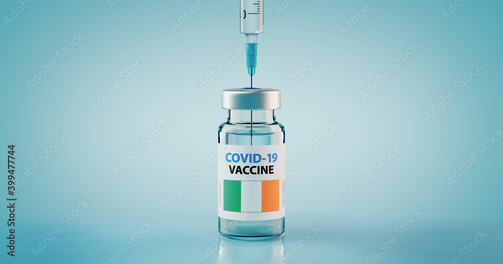 COVID-19 Coronavirus Vaccine and Syringe with flag of Ireland COVID-19 Coronavirus Vaccine and Syringe with flag of Ireland