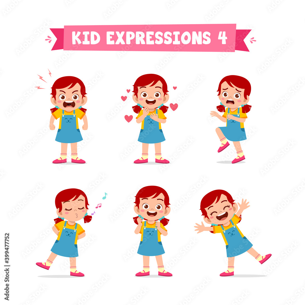 cute little kid girl in various expressions and gesture set cute little kid girl in various expressions and gesture set