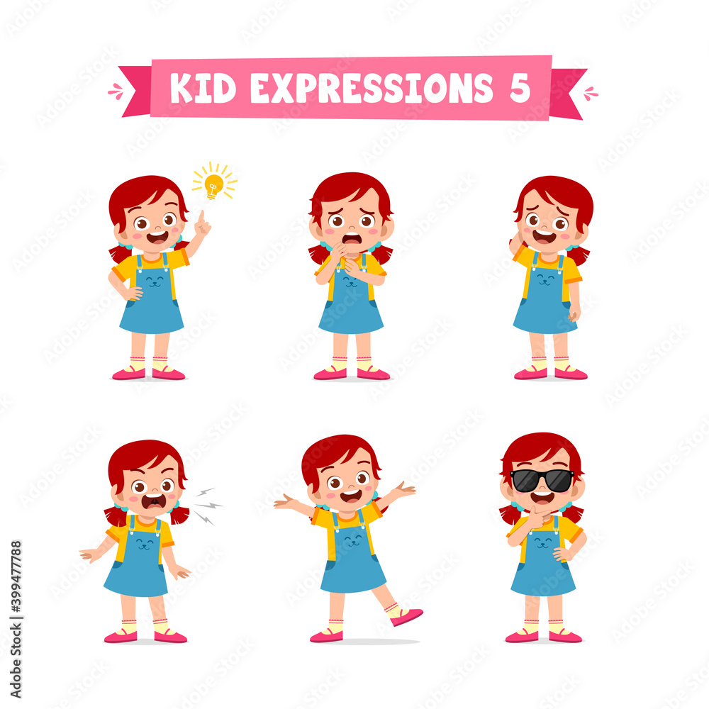 cute little kid girl in various expressions and gesture set cute little kid girl in various expressions and gesture set