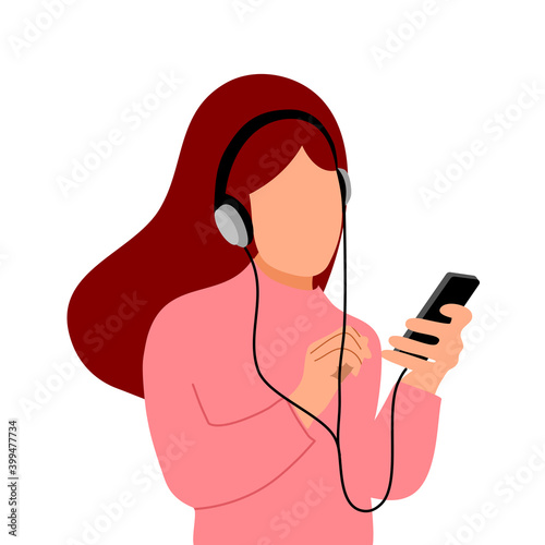 Woman enjoy listening online radio via music app in smartphone flat design on white background. Music lover.