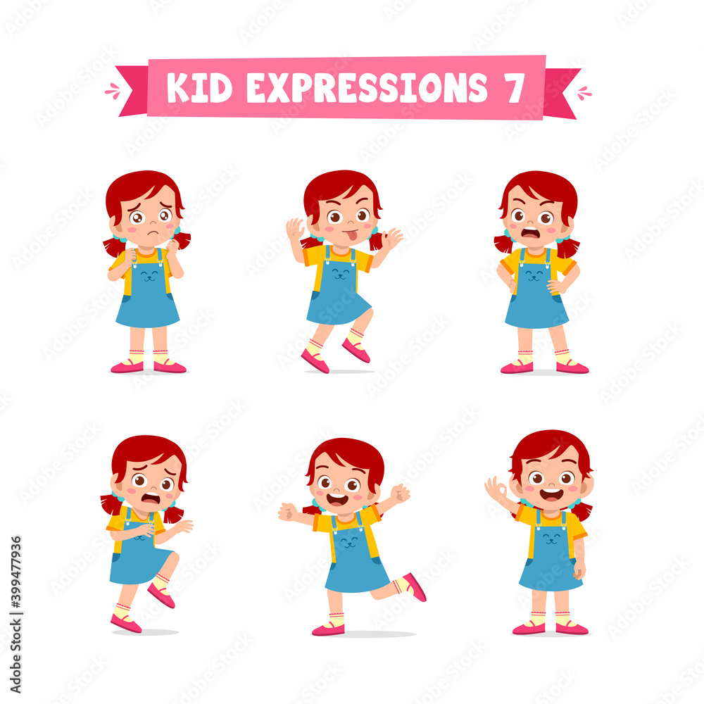 cute little kid girl in various expressions and gesture set
