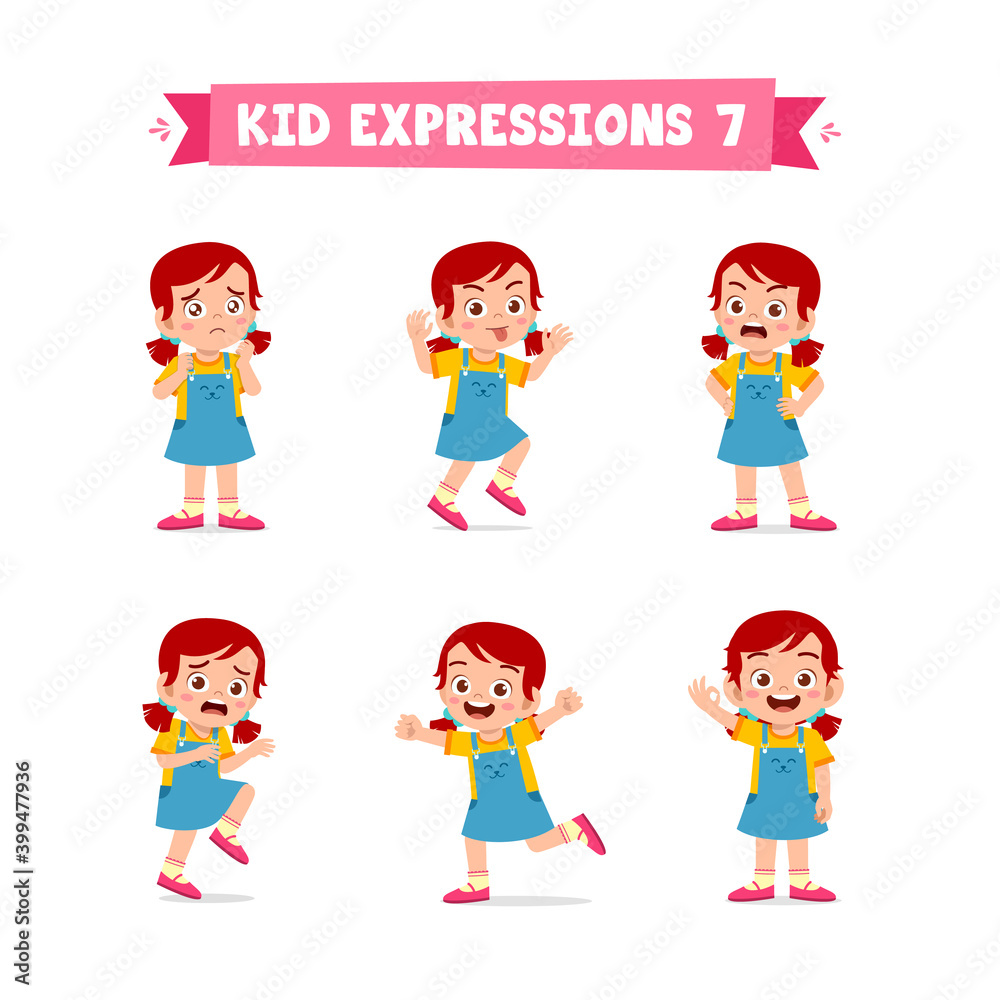 cute little kid girl in various expressions and gesture set cute little kid girl in various expressions and gesture set