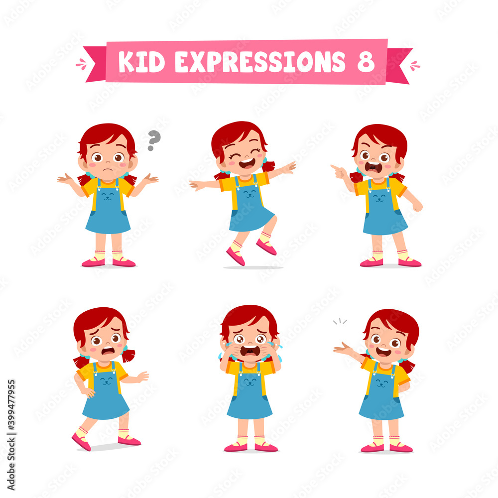 cute little kid girl in various expressions and gesture set
