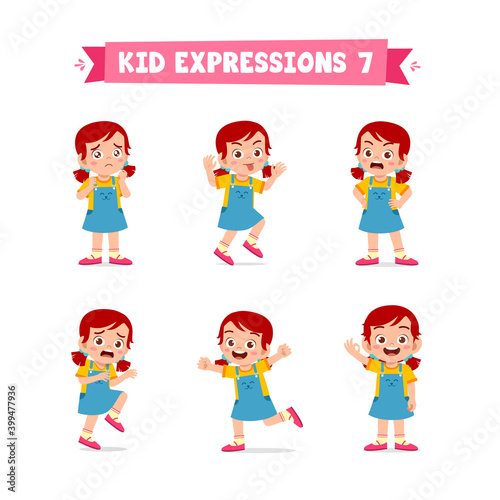 cute little kid girl in various expressions and gesture set