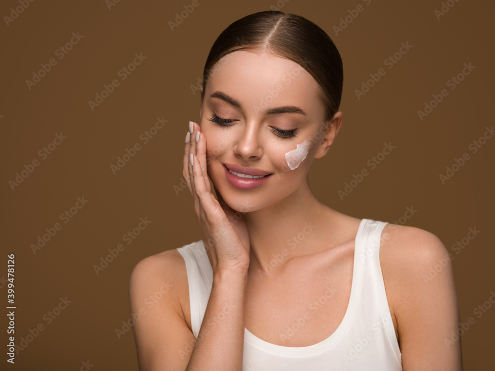 Cream on face woman beauty cosmetic concept healthy hydration skin Cream on face woman beauty cosmetic concept healthy hydration skin