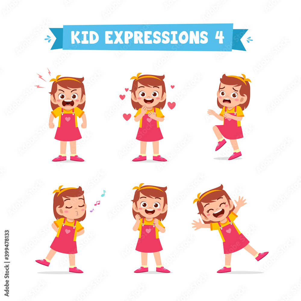 cute little kid girl in various expressions and gesture set cute little kid girl in various expressions and gesture set