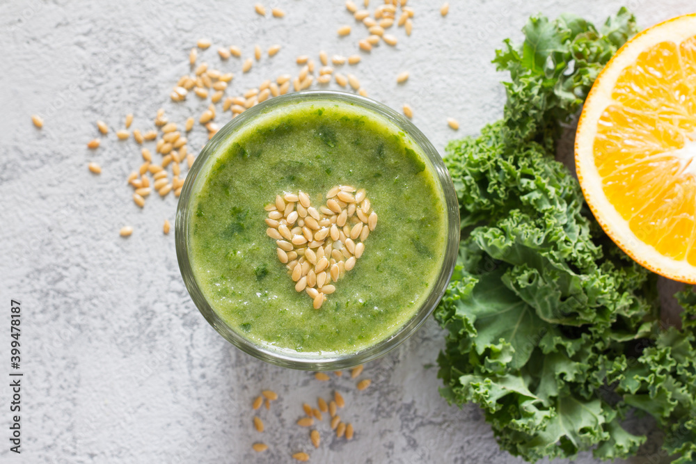 Healthy green smoothie with heart of seeds linseed Healthy green smoothie with heart of seeds linseed
