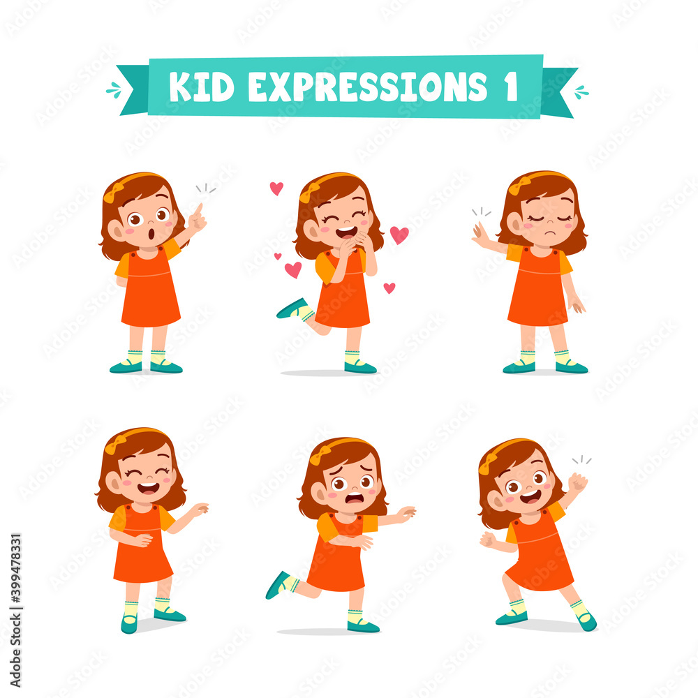 cute little kid girl in various expressions and gesture set cute little kid girl in various expressions and gesture set