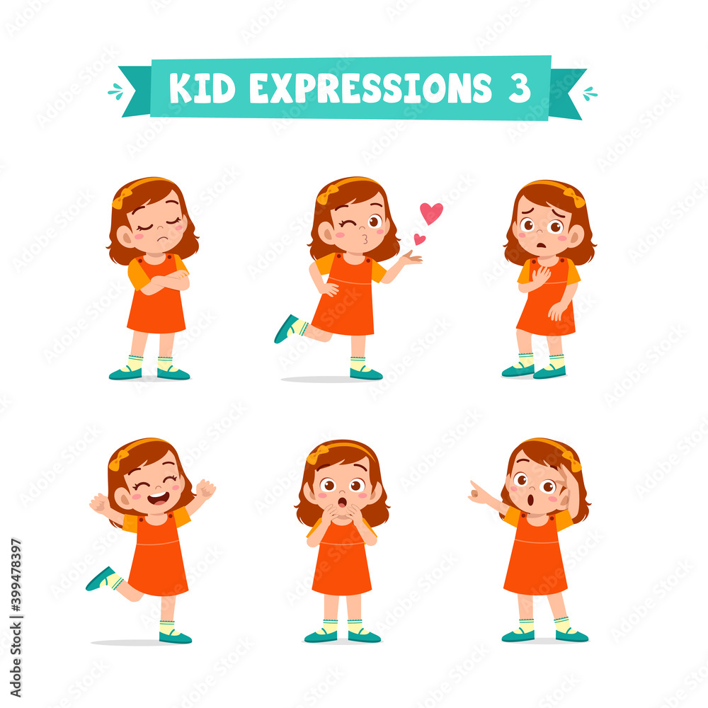 cute little kid girl in various expressions and gesture set