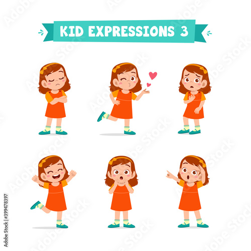 cute little kid girl in various expressions and gesture set