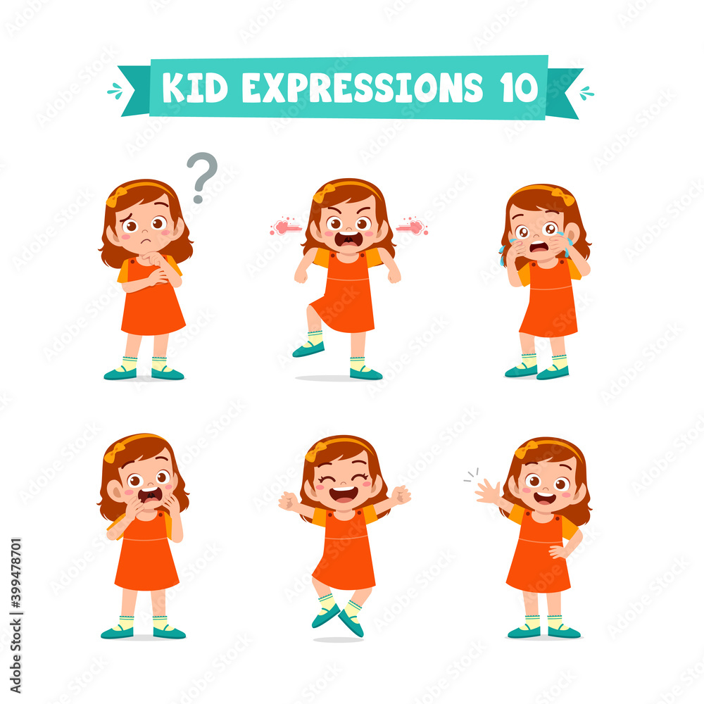 cute little kid girl in various expressions and gesture set