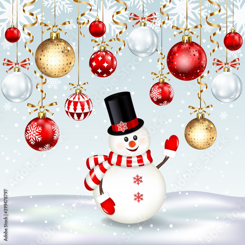 Christmas card with snowman and balls.