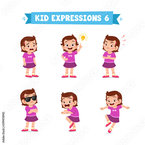 cute little kid girl in various expressions and gesture set