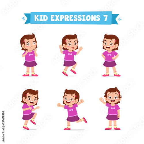 cute little kid girl in various expressions and gesture set