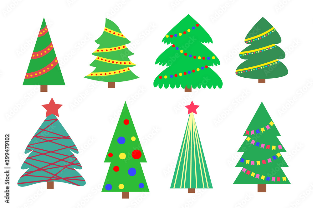 Set of Christmas trees. Christmas tree with a ribbon, balloons, a star as a symbol of the New year, a fun celebration of the Christmas holiday. Bright shiny vector design illustration. Flat style.
