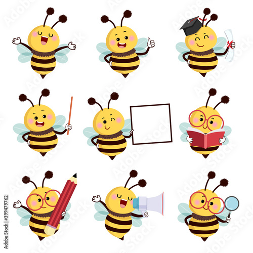 Vector illustration set of happy cartoon bee mascot characters in different poses in education concept.