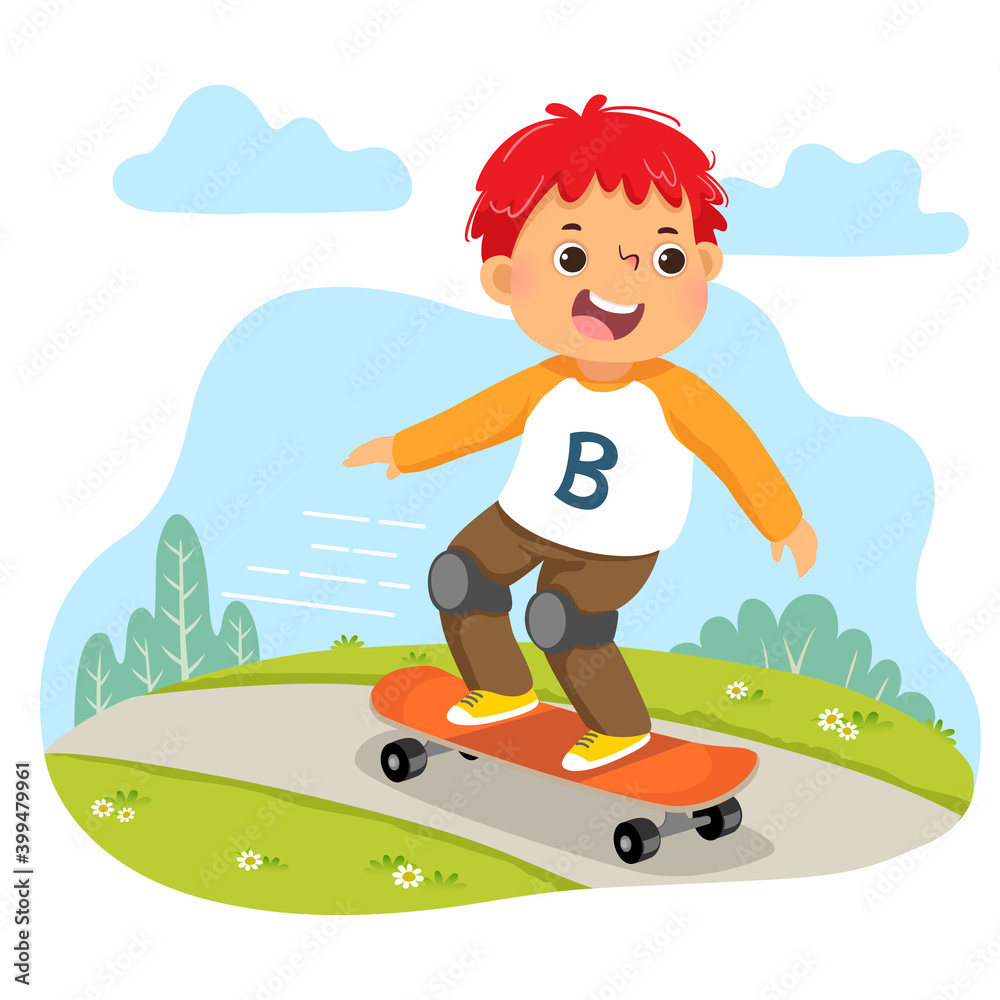 Vector illustration cartoon of little boy riding on skateboard in the park.