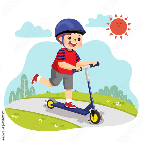 Vector illustration cartoon of little boy riding two-wheeled scooter in the park.