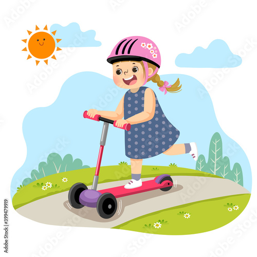 Vector illustration cartoon of little girl riding three-wheeled scooter in the park.