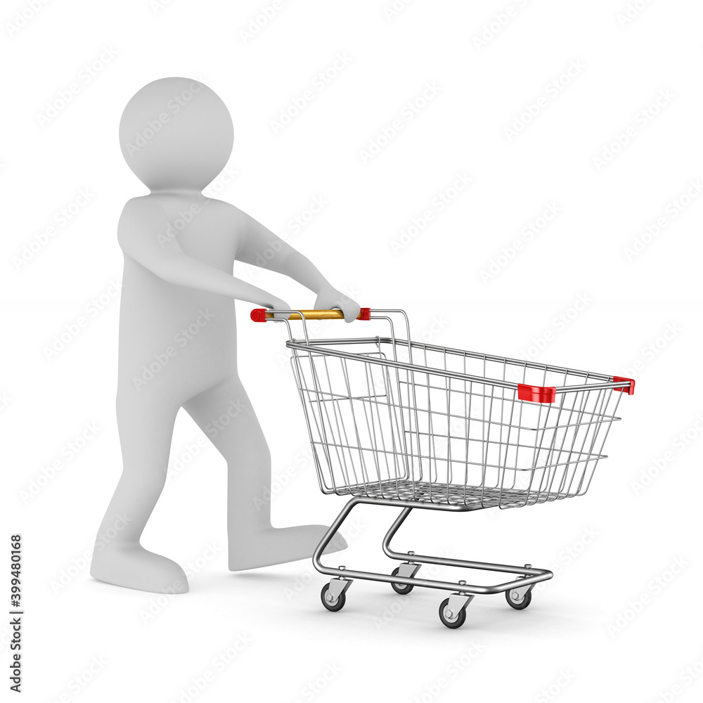 man and shopping cart on white background. Isolated 3D illustration man and shopping cart on white background. Isolated 3D illustration