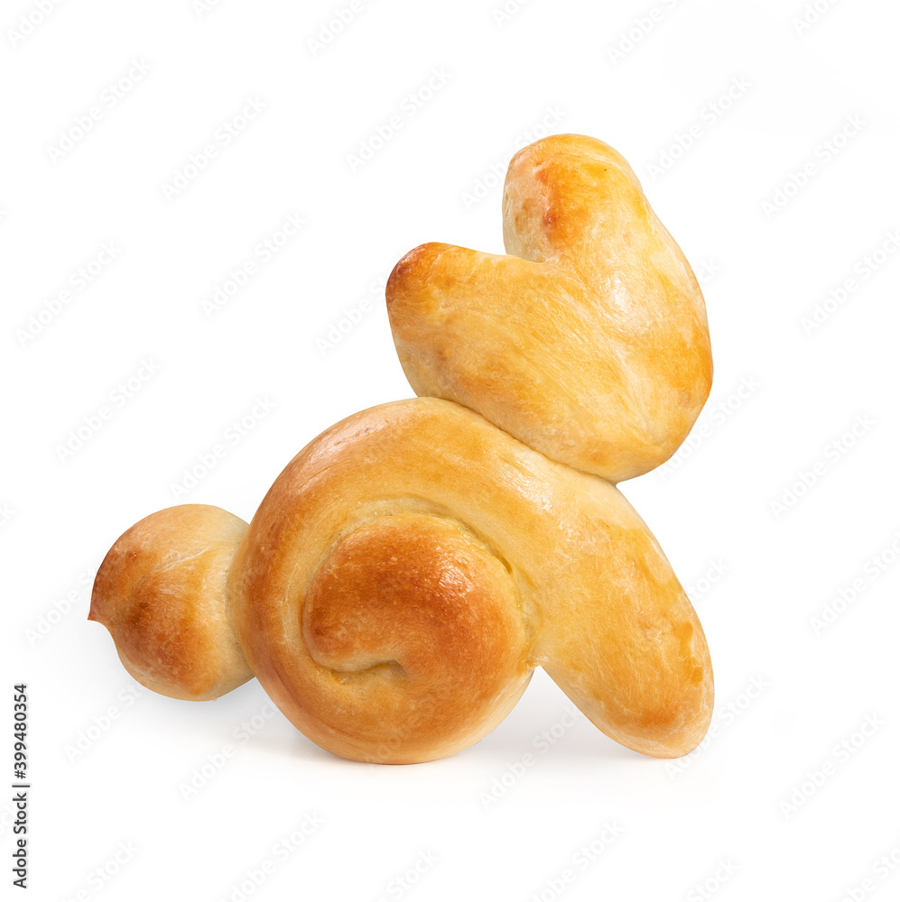 Easter bread bunny. Cute rabbit shaped yeast bread bun. Fun home made decoration for Easter holiday. Swiss butter bread recipe called Zopf. Concept family traditions at Easter. Isolated on white. Easter bread bunny. Cute rabbit shaped yeast bread bun. Fun home made decoration for Easter holiday. Swiss butter bread recipe called Zopf. Concept family traditions at Easter. Isolated on white.