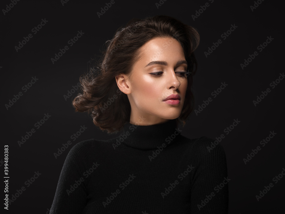 Beautiful woman portrait face over black background