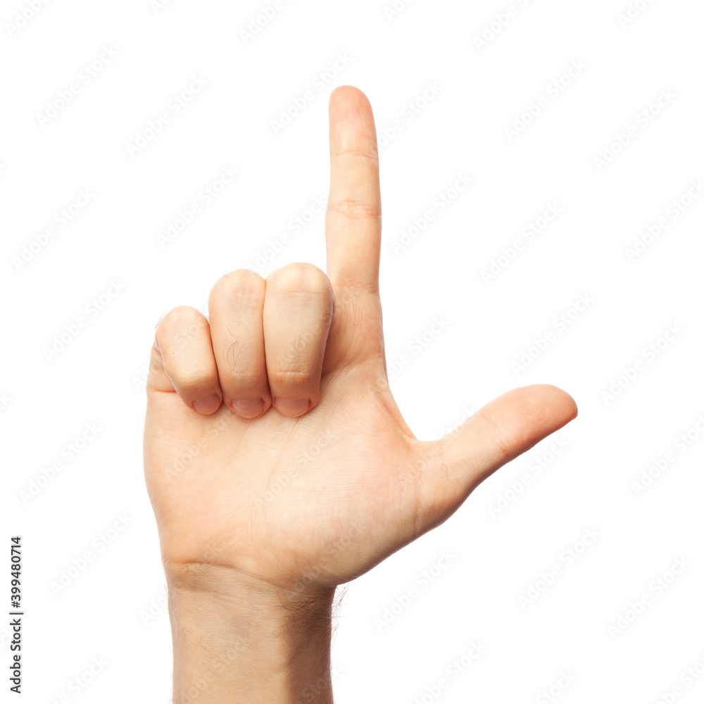 Man showing letter L isolated on white background, closeup. Finger spelling alphabet in American Sign Language. ASL concept Man showing letter L isolated on white background, closeup. Finger spelling alphabet in American Sign Language. ASL concept