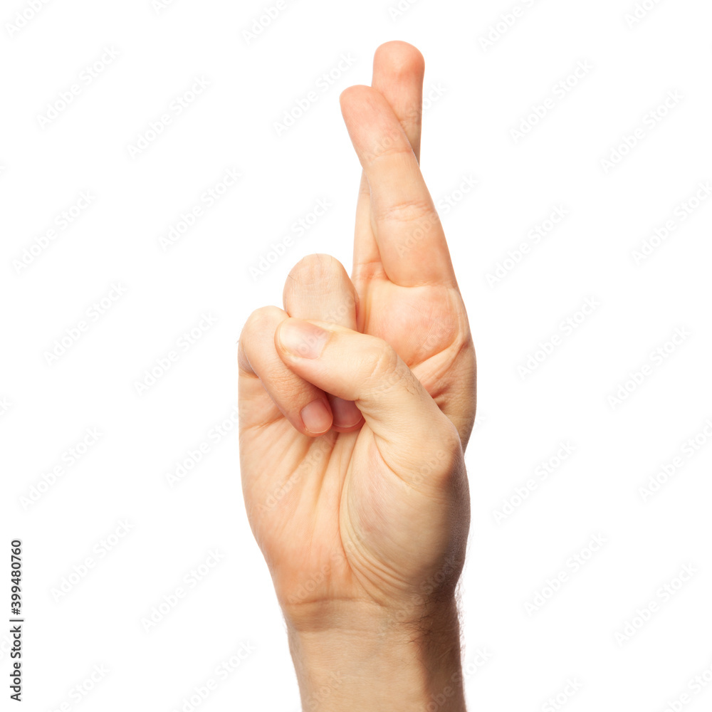Man showing letter R isolated on white background, closeup. Finger spelling alphabet in American Sign Language. ASL concept Man showing letter R isolated on white background, closeup. Finger spelling alphabet in American Sign Language. ASL concept