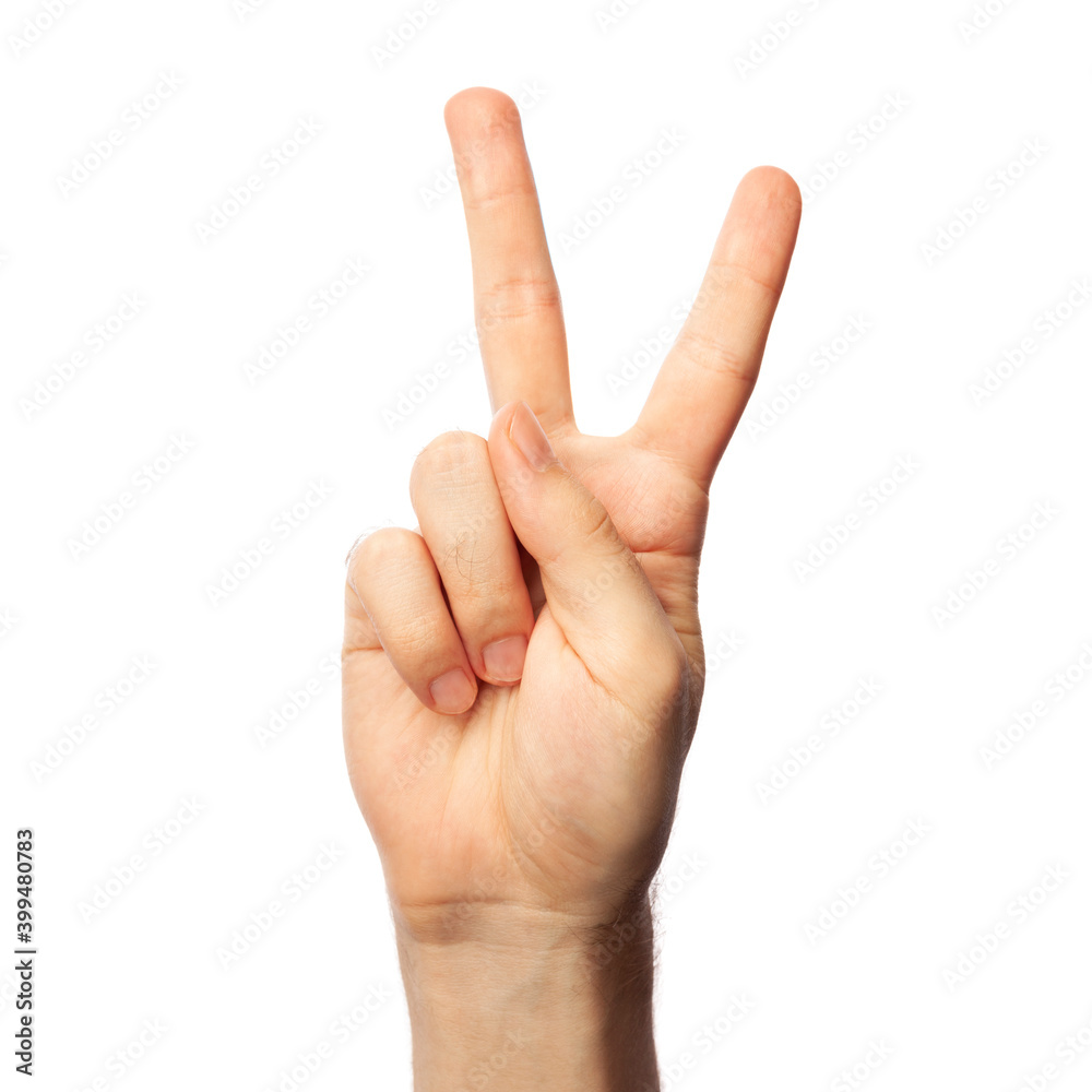 Finger spelling letter V in American Sign Language on white background. ASL concept Finger spelling letter V in American Sign Language on white background. ASL concept