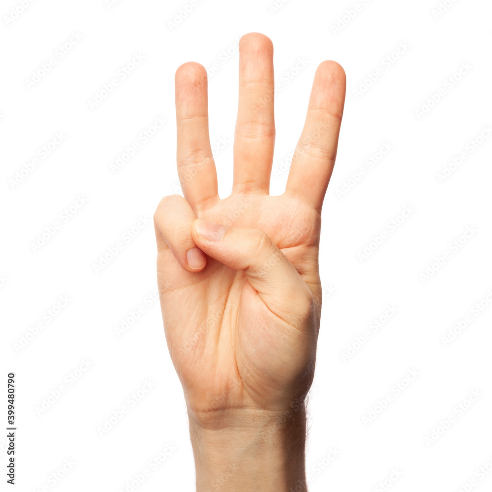 Man showing letter W isolated on white background, closeup. Finger spelling alphabet in American Sign Language. ASL concept Man showing letter W isolated on white background, closeup. Finger spelling alphabet in American Sign Language. ASL concept