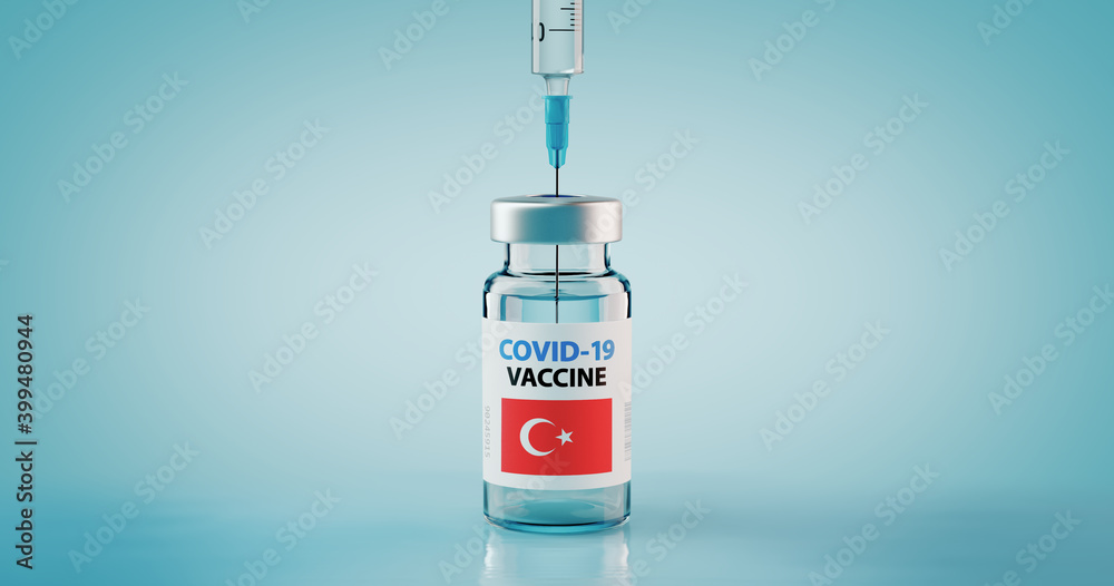 COVID-19 Coronavirus Vaccine and Syringe with flag of Turkey COVID-19 Coronavirus Vaccine and Syringe with flag of Turkey