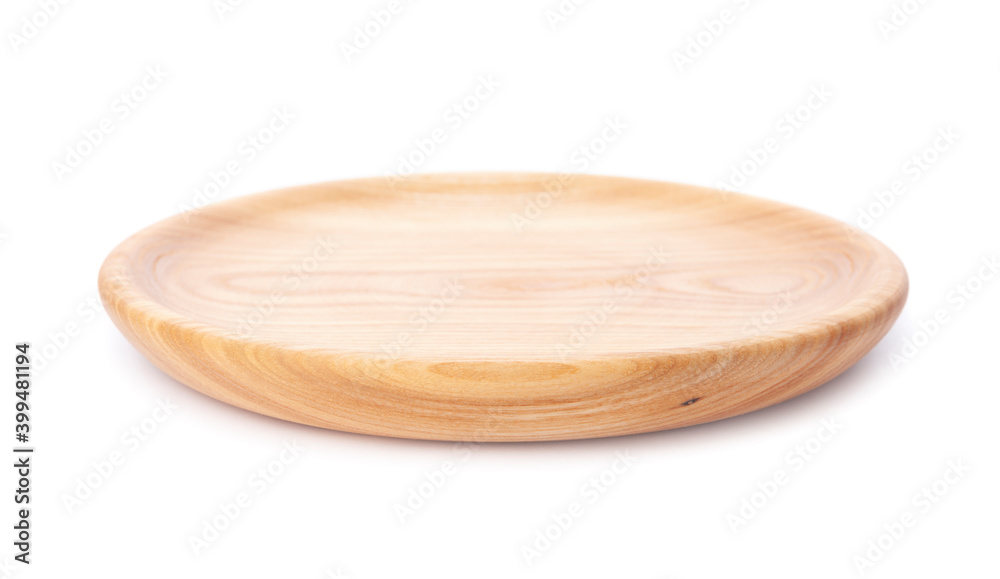 Empty wooden plate or round board isolated on white background. Rustic dish Empty wooden plate or round board isolated on white background. Rustic dish