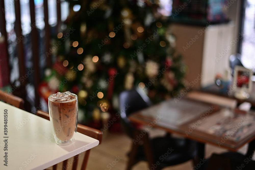 iced coffee latte on christmas holidays display background 