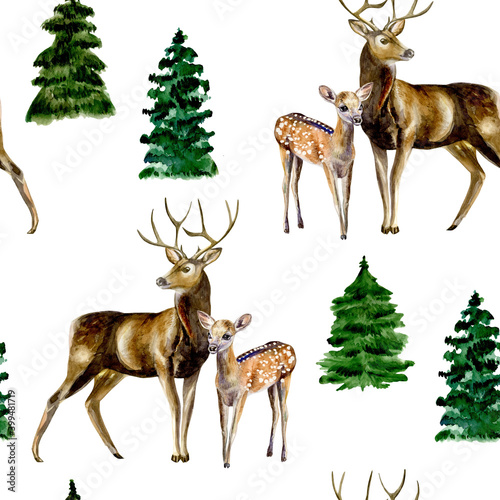 Watercolor hand painted seamless pattern with deer and baby deer, and fir-trees on white background. Forest pattern is prefect for fabric, wrapping paper or scrapbooking. © Tatiana