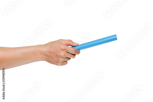 Fragment of a blue plastic sewer pipe in plumber hand isolated on white background