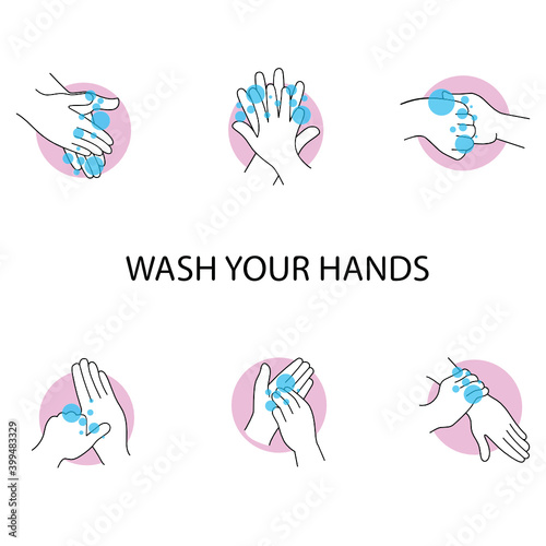 set of symbols. Vector illustrations of hand washing with water soap on palms