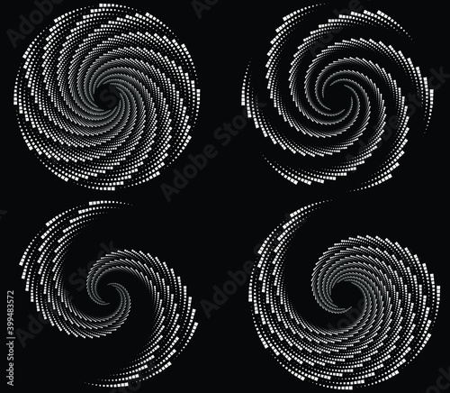  Dotted, dots, speckles abstract concentric circle. Spiral, swirl, twirl element.Circular and radial lines volute, helix.Segmented circle with rotation.Radiating arc lines.set