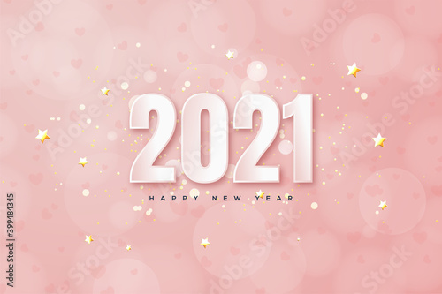 2021 happy new year background with white numbers on pink background.