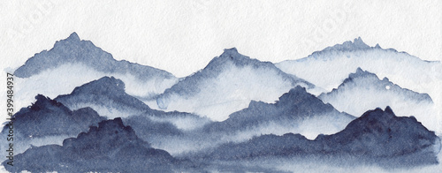 Wide watercolor painting of mountains layers. Stock peaceful serene hand painted single color landscape.Use for relaxation, meditation, restoration, decoration, site footer or background.