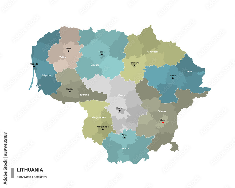 Lithuania higt detailed map with subdivisions. Administrative map of Lithuania with districts and cities name, colored by states and administrative districts. Vector illustration.