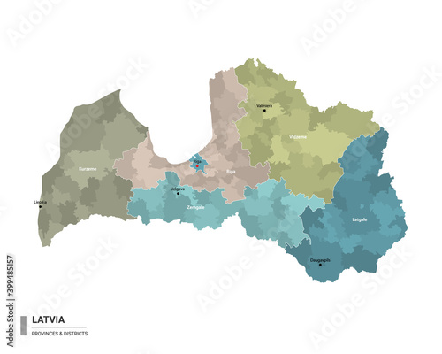 Latvia higt detailed map with subdivisions. Administrative map of Latvia with districts and cities name, colored by states and administrative districts. Vector illustration.