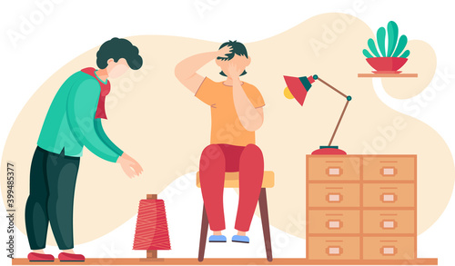 The guy works with a skein of thread. Boy sits on a chair and covers his face with his hands. Preparation for tailoring and making clothes. Fashion designers during work in tailoring studio