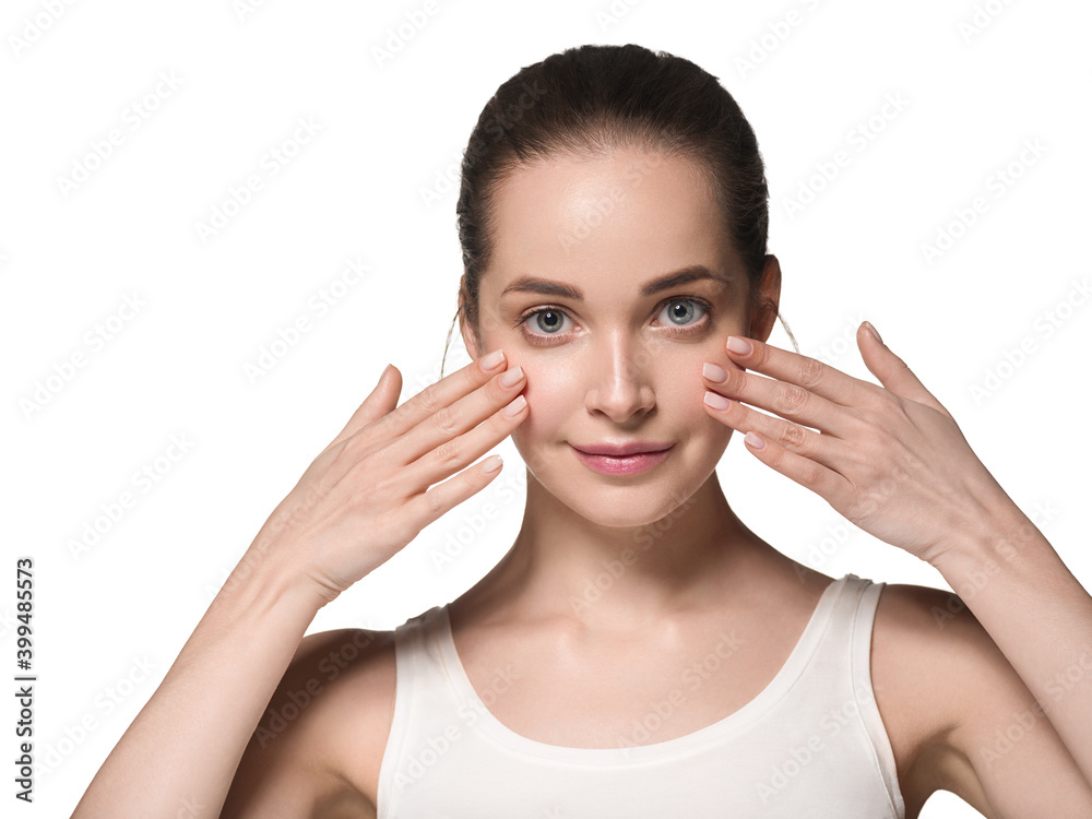 Beautiful young woman with clean face skin hands manicure natural touching face Beautiful young woman with clean face skin hands manicure natural touching face