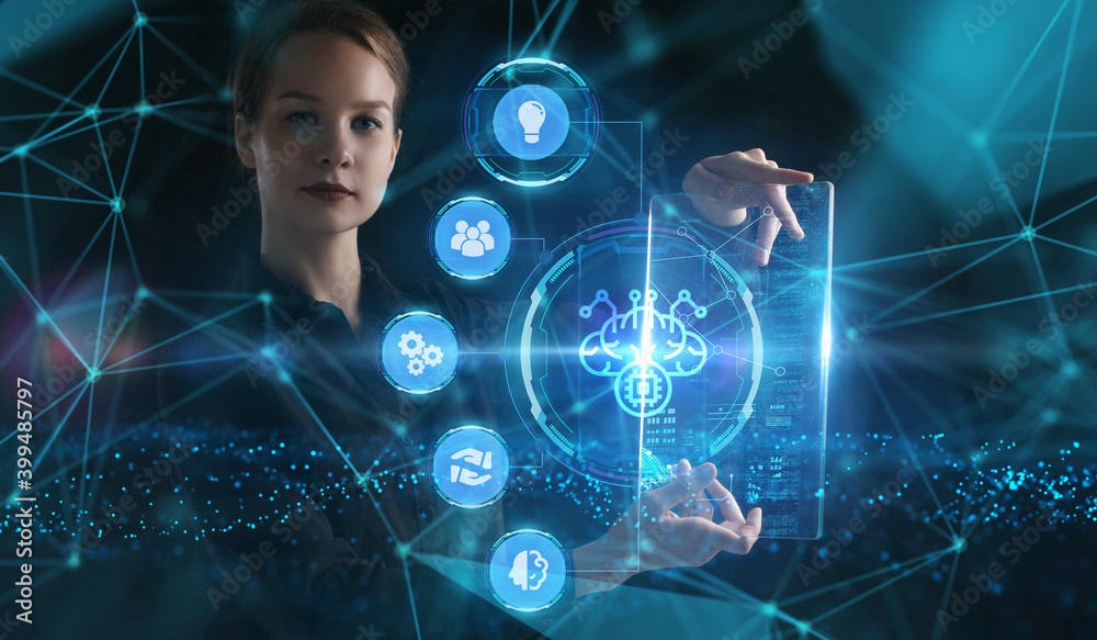 Business, Technology, Internet and network concept. Young businessman working on a virtual screen of the future and sees the inscription: Business, Technology, Internet and network concept. Young businessman working on a virtual screen of the future and sees the inscription: