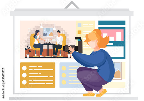 Girl with a camera takes pictures of a billboard with an image. Couple playing chess in apartment. Happy young characters spend time together. Photographer at a photo shoot of people in a relationship