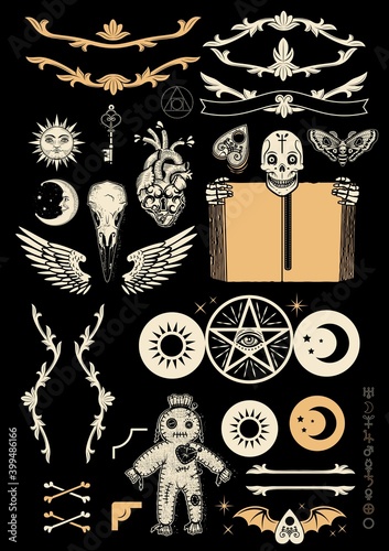 Occultism Set with Pentagram, Voodoo Doll, Human Skull With Old Book, Wings, Monograms, Crow Skull, And Alchemical symbols. Vector Illustration.