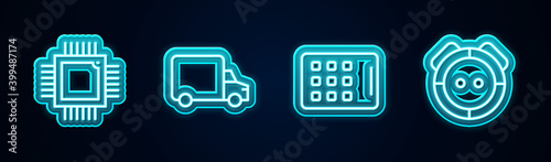 Set line Processor with microcircuits CPU, Delivery cargo truck, Graphic tablet and Robot vacuum cleaner. Glowing neon icon. Vector.